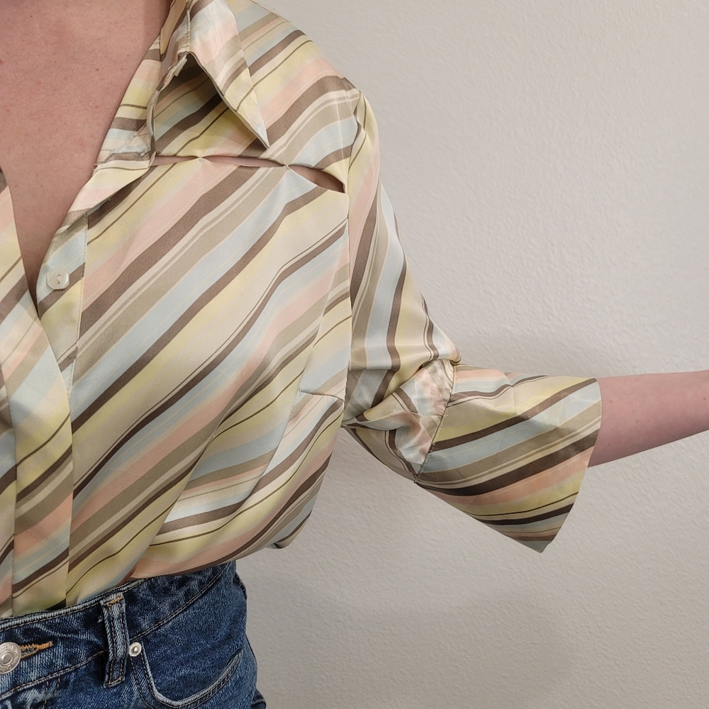 70s Silhouette Pastel Striped Silky Blouse Cutouts